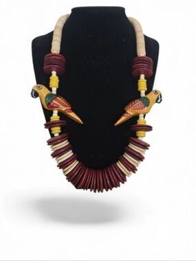 Vintage 70s 80s Tiki Parrot Necklace Boho Statement Heishi Shell Wood 11” Drop